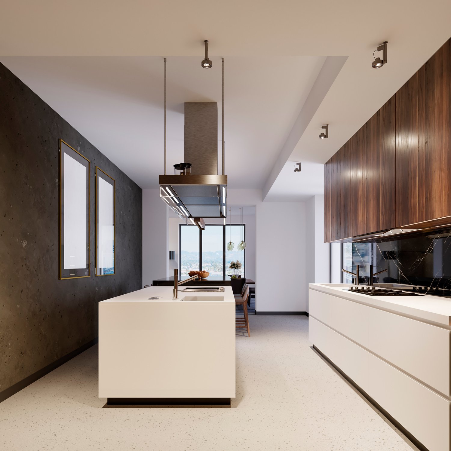 Contemporary kitchen interior with brown and white furniture. Design and lifestyle concept.